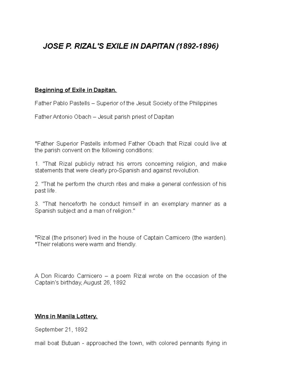 Dapitan Summary - .... - JOSE P. RIZAL'S EXILE IN DAPITAN (1892-1896 ...