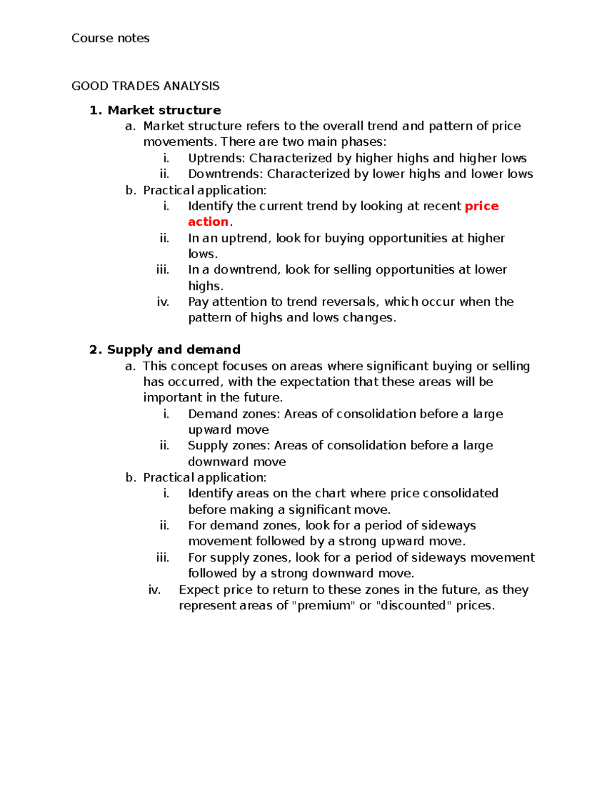 Course notes - Course notes GOOD TRADES ANALYSIS 1. Market structure a ...