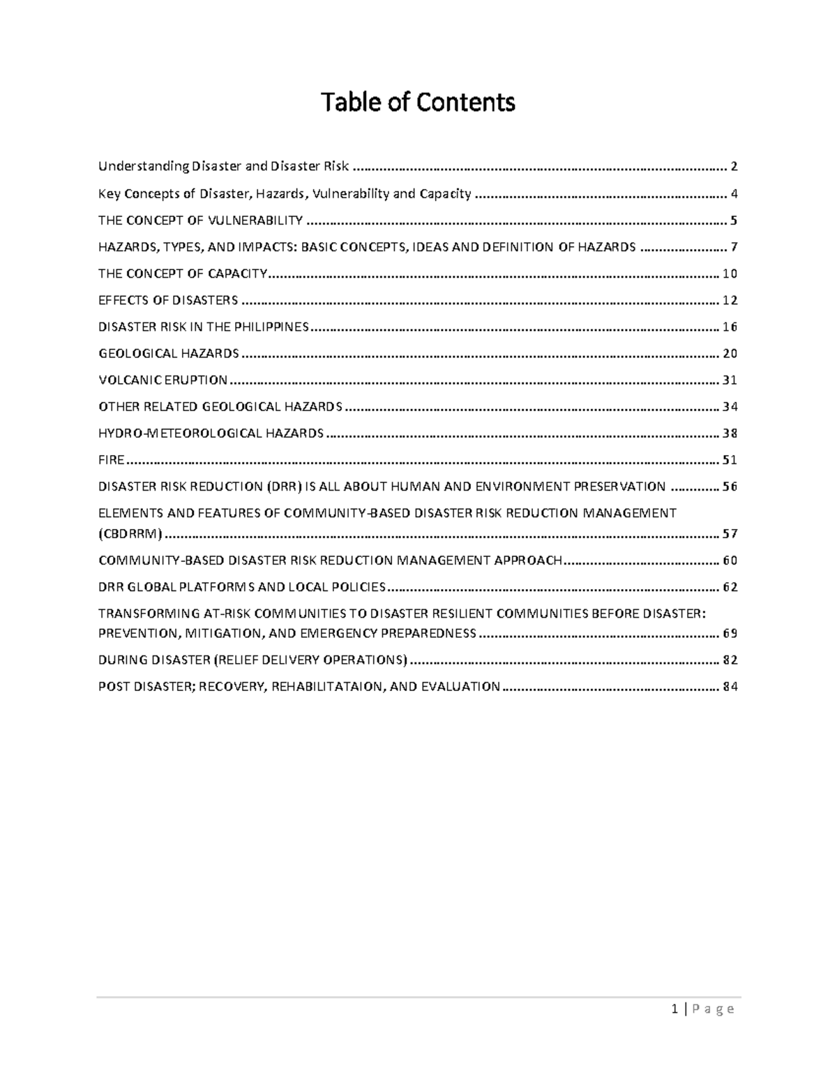 Disaster Readiness and Risk Reduction - Table of Contents Understanding ...