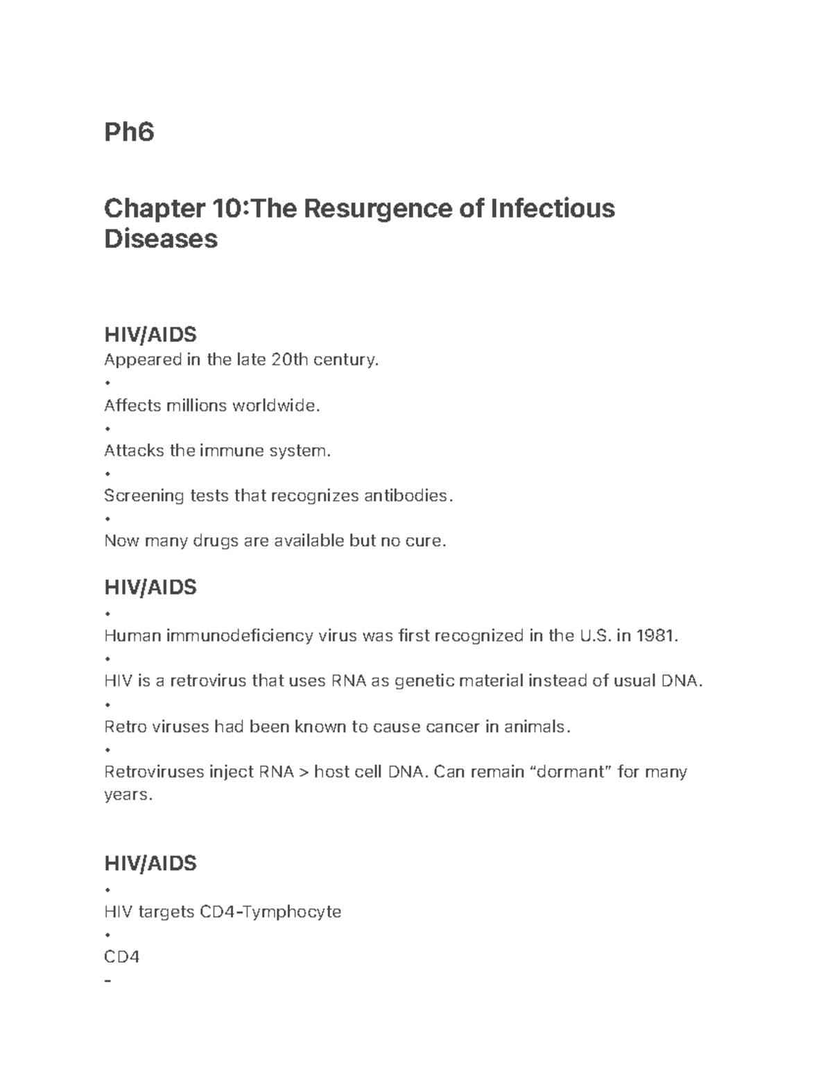 Ph6 - notes - Ph Chapter 10:The Resurgence of Infectious Diseases HIV ...