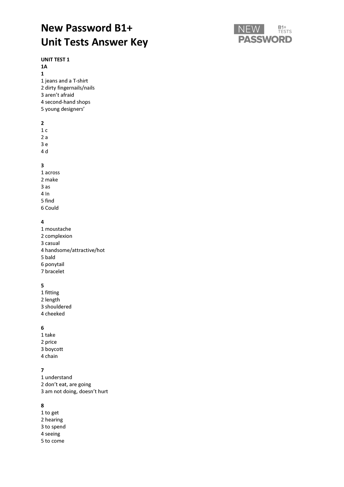 New Password B1+ UT Answer Key - New Password B1+ Unit Tests Answer Key ...