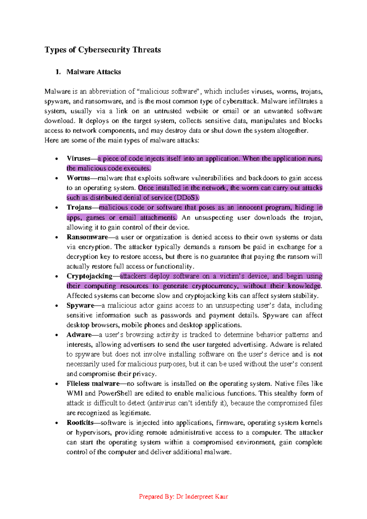 Cyber Security Notes - Types of Cybersecurity Threats Malware Attacks ...