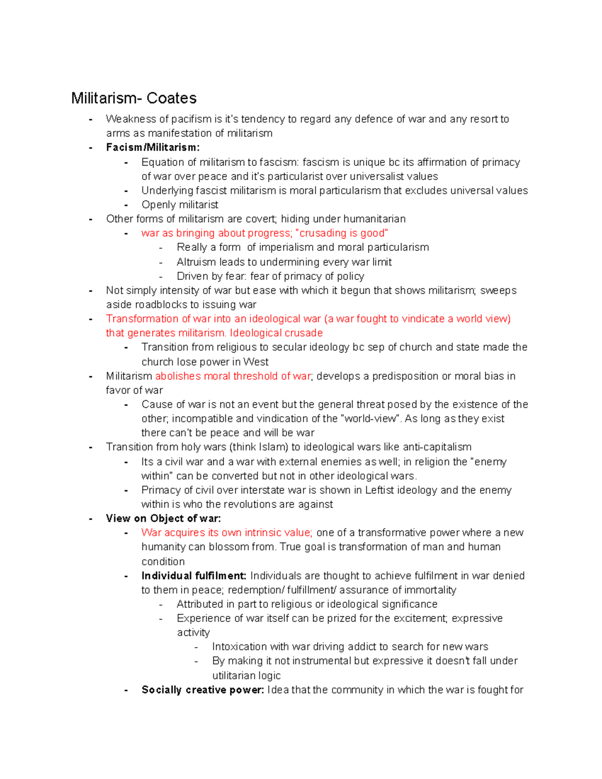 Warism Militarism - Lecture notes pre midterm - Militarism- Coates ...