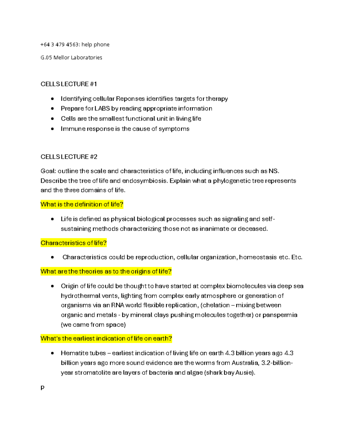 Cells Notes - +64 3 479 4563: help phone G Mellor Laboratories CELLS ...