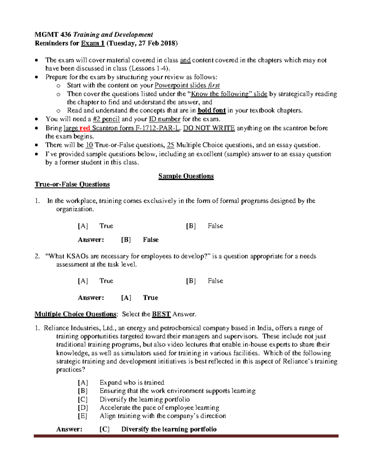 MGMT 436 Exam 1 Lessons 1-4 Sample Questions Spring 2018 - MGMT 436 ...