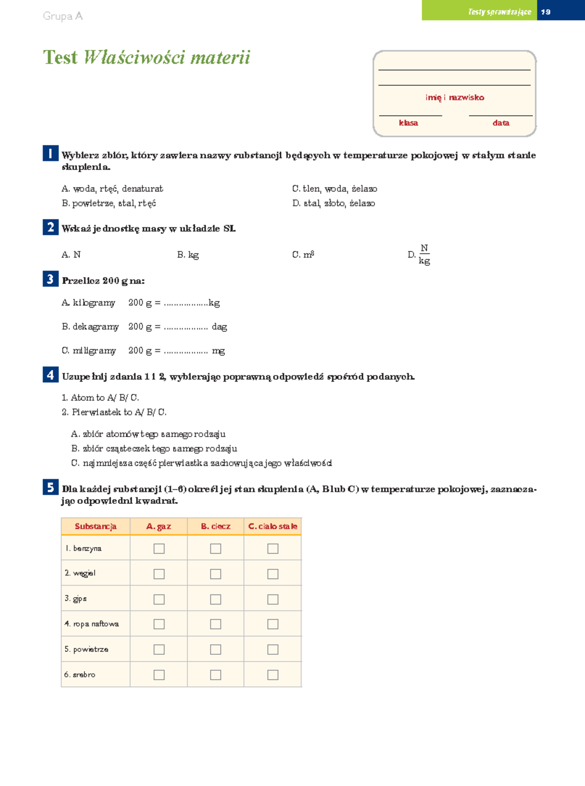 Wlasciwosci I Budowa Materi Sprawdzian Fizyka Kl 7 www.studocu.com