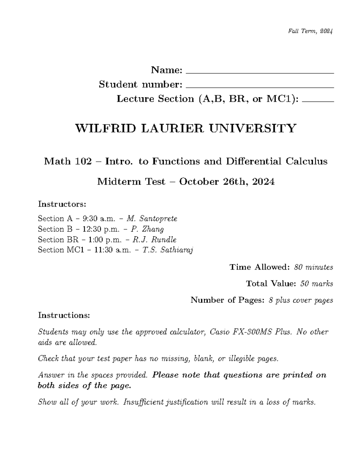 MA102 midterm F2024 solutions - Fall Term, 2024 Name: Student number ...