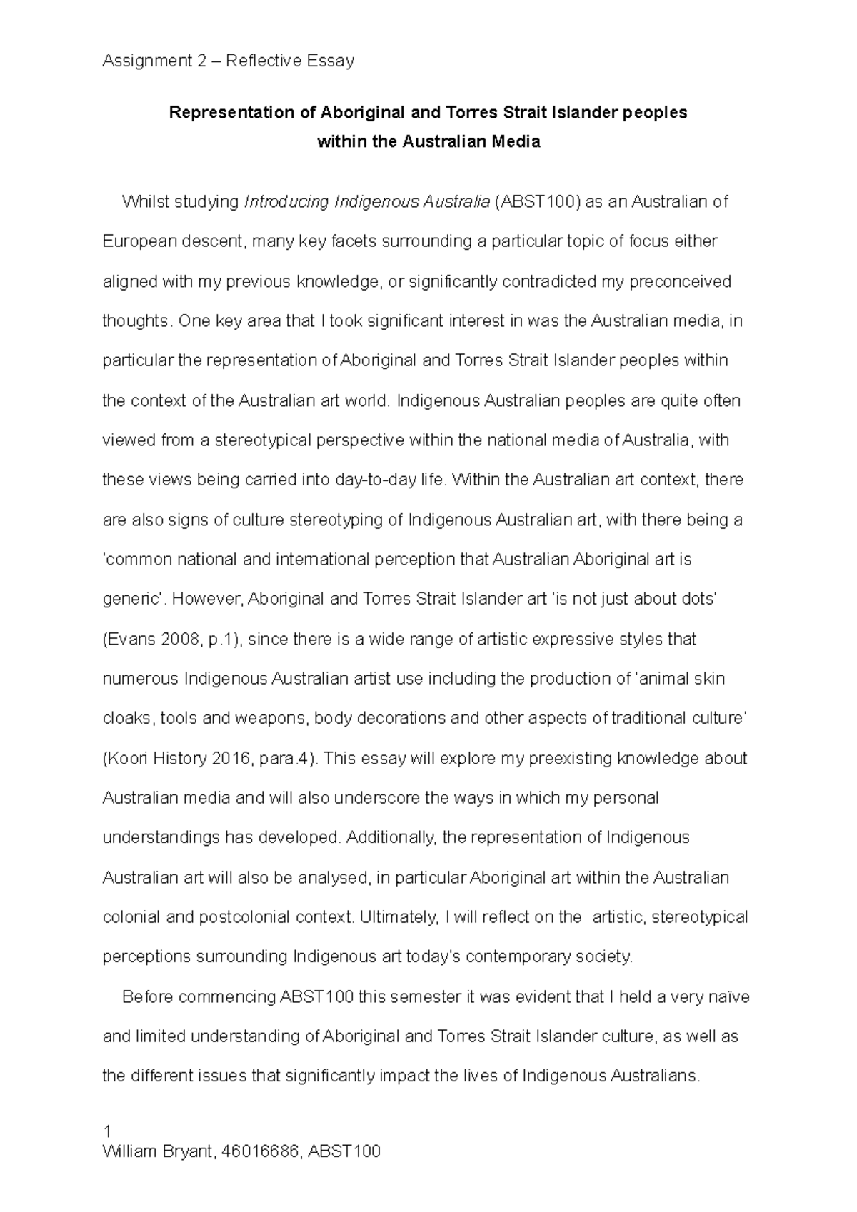 reflective essay on aboriginal culture