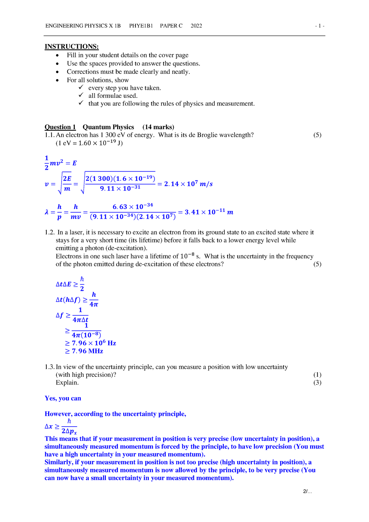 MEMO for 2022 Paper C PHYE1B1 Engineering Physics X 1B - INSTRUCTIONS ...