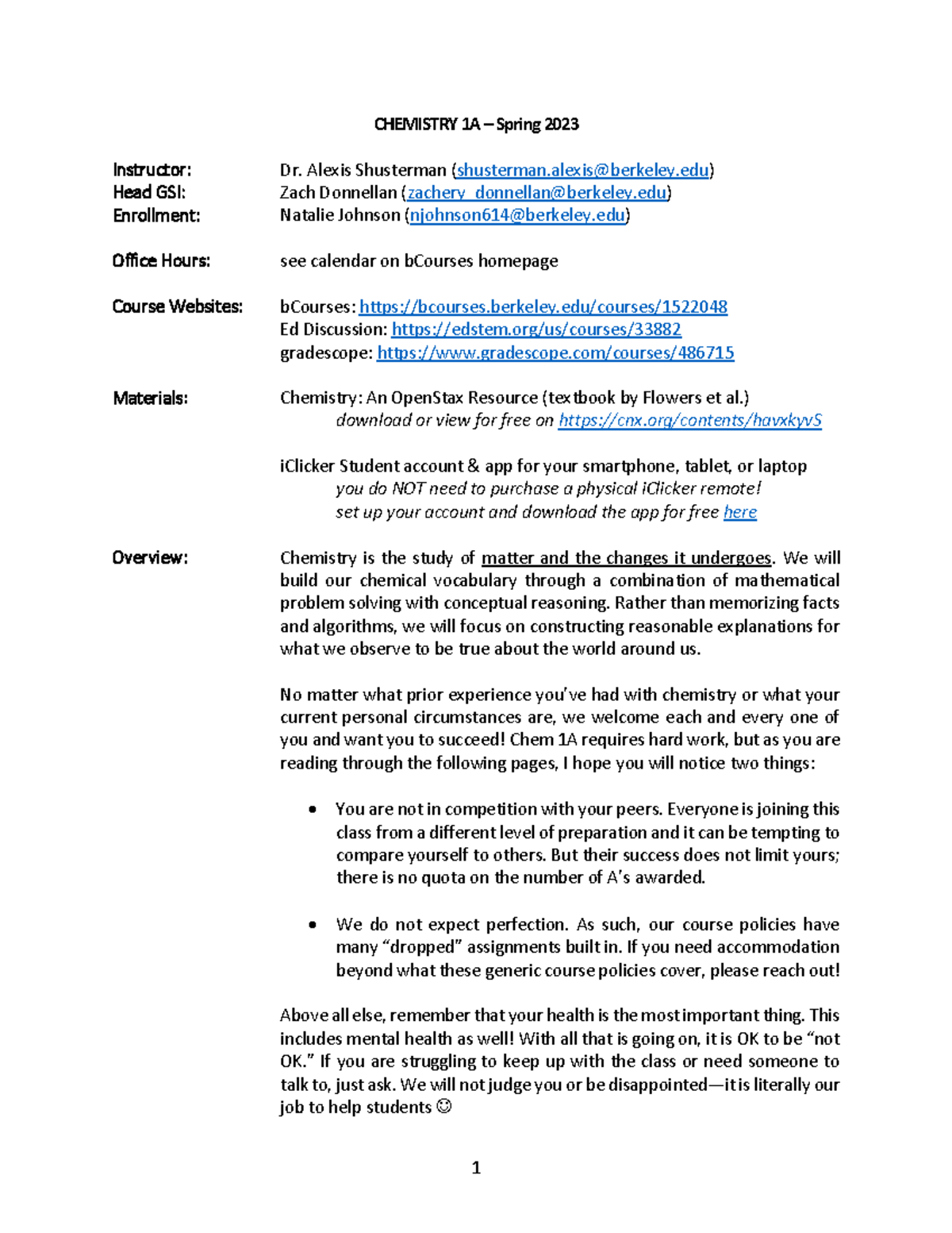 CHEM1A Syllabus Spring 2023 CHEMISTRY 1A Spring 2023 Instructor Dr