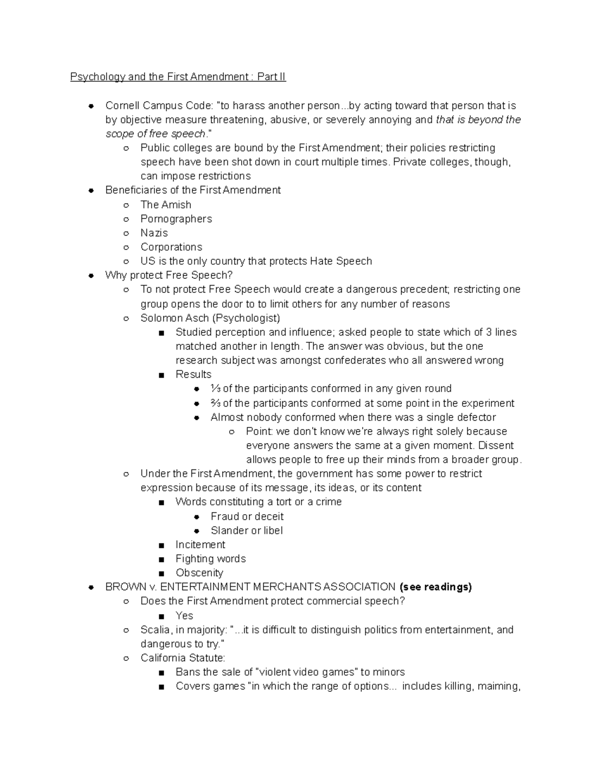 8/28/18 Lecture Notes - Psychology and the First Amendment : Part II ...