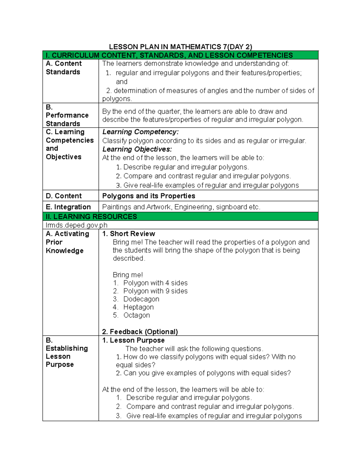 DAY-2 - ,.mm,. - LESSON PLAN IN MATHEMATICS 7(DAY 2) I. CURRICULUM ...