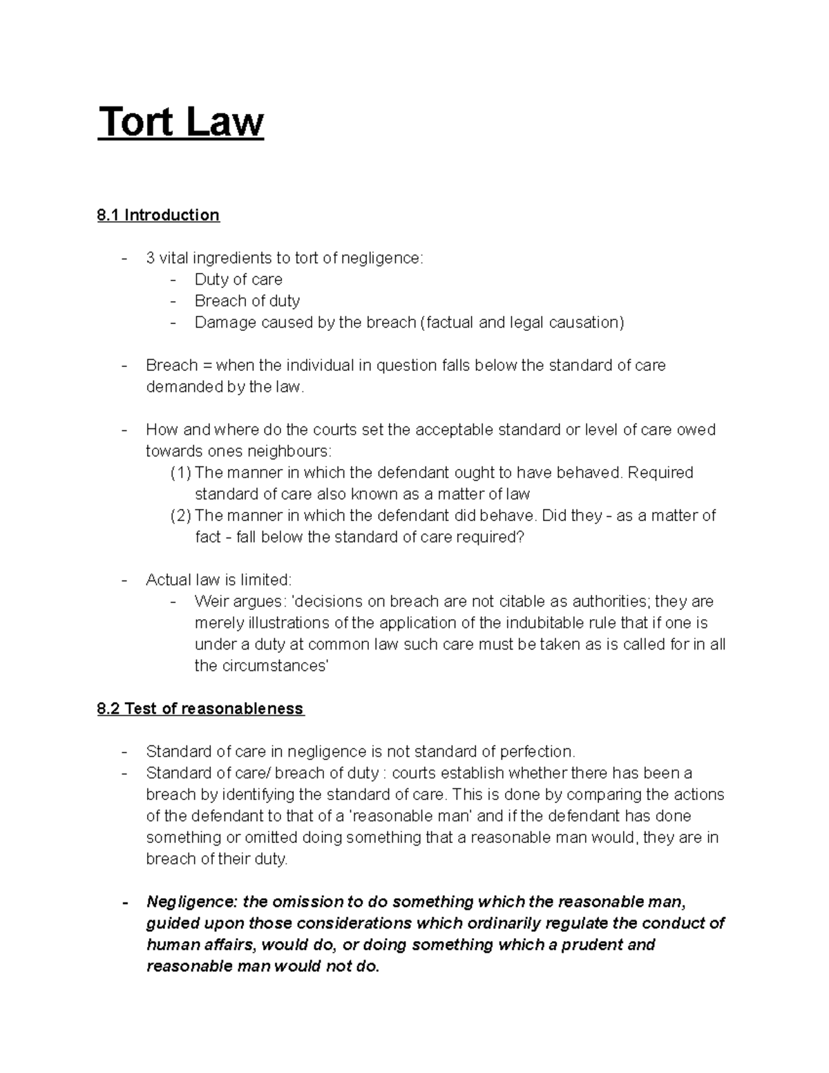 Tort Law - chapter 8 breach of duty standard of care - Tort Law 8 ...