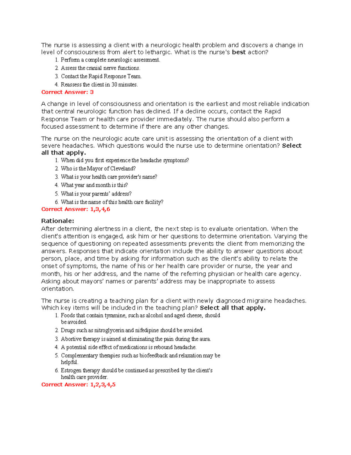 Neuro Questions Samenvatting Culture Leadership The Nurse Is Assessing A Client With A