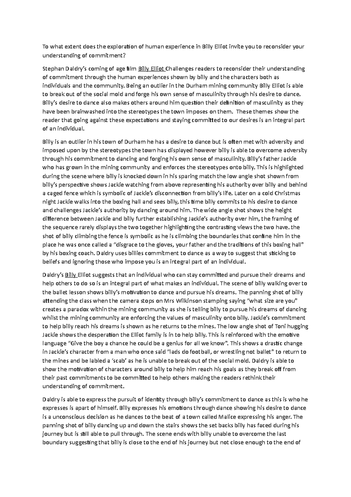 Billy elliot essay - To what extent does the exploration of human ...