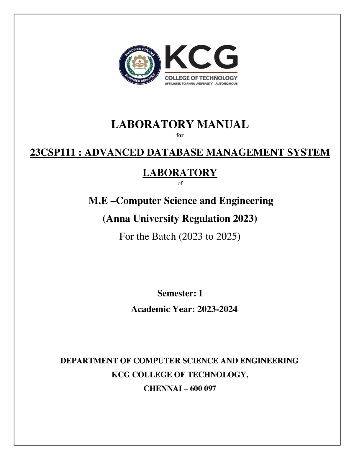 DBMS lab - ME 1 sem - LAB - LABORATORY MANUAL for 23 CSP111 : ADVANCED ...