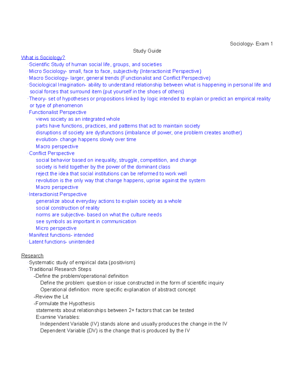 SOC 2000 - My Study Guide for Exam #1 - Sociology- Exam 1 Study Guide ...