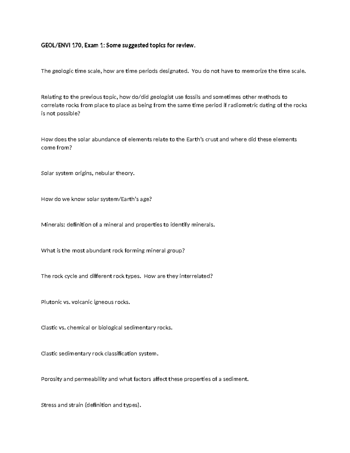 Exam 1 Review Sheet GEOL 170 - Fall 2023 - GEOL/ENVI 170, Exam 1: Some ...