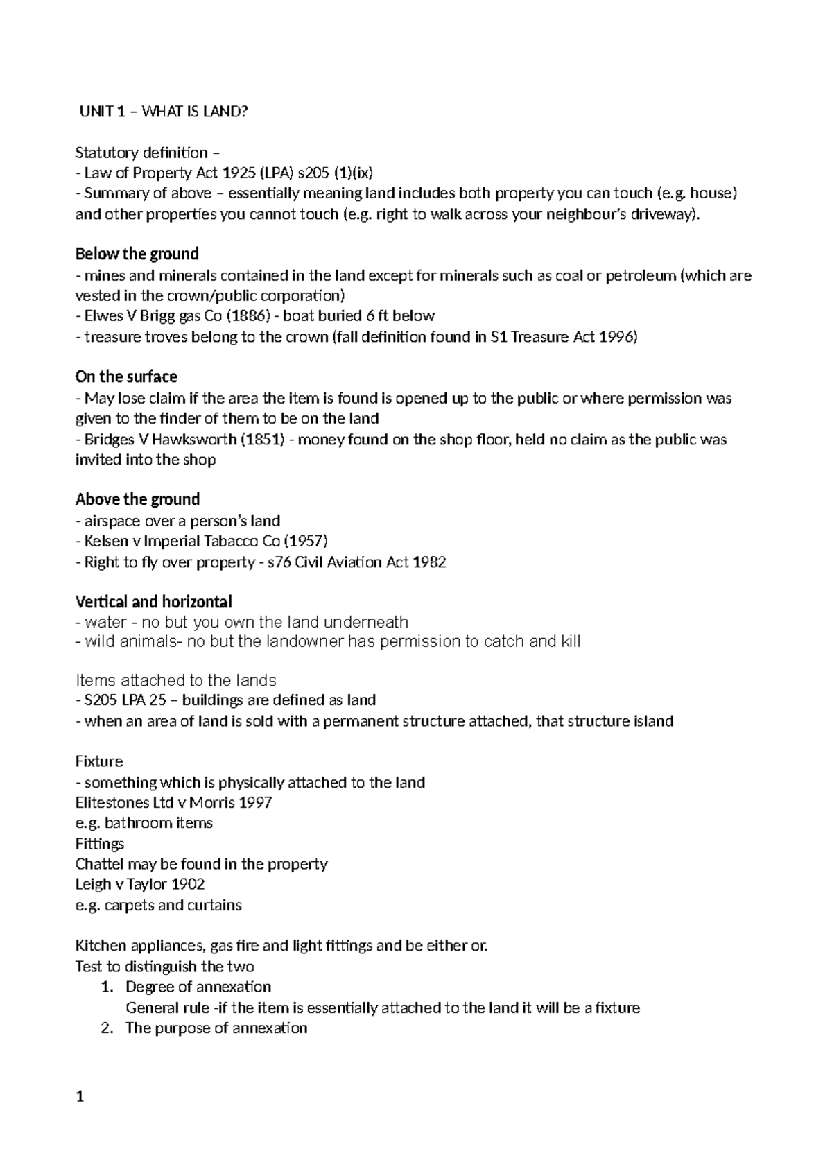 Land Law summaries UNIT 1 WHAT IS LAND? Statutory definition Law