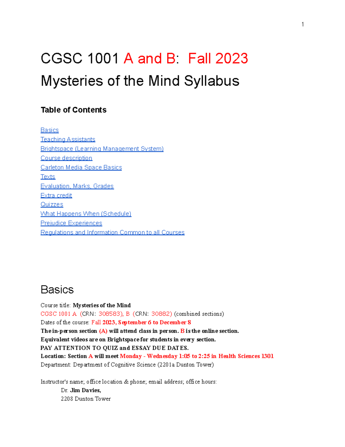 CGSC1001 Syllabus Mysteries of the Mind - CGSC 1001 A and B: Fall 2023 ...