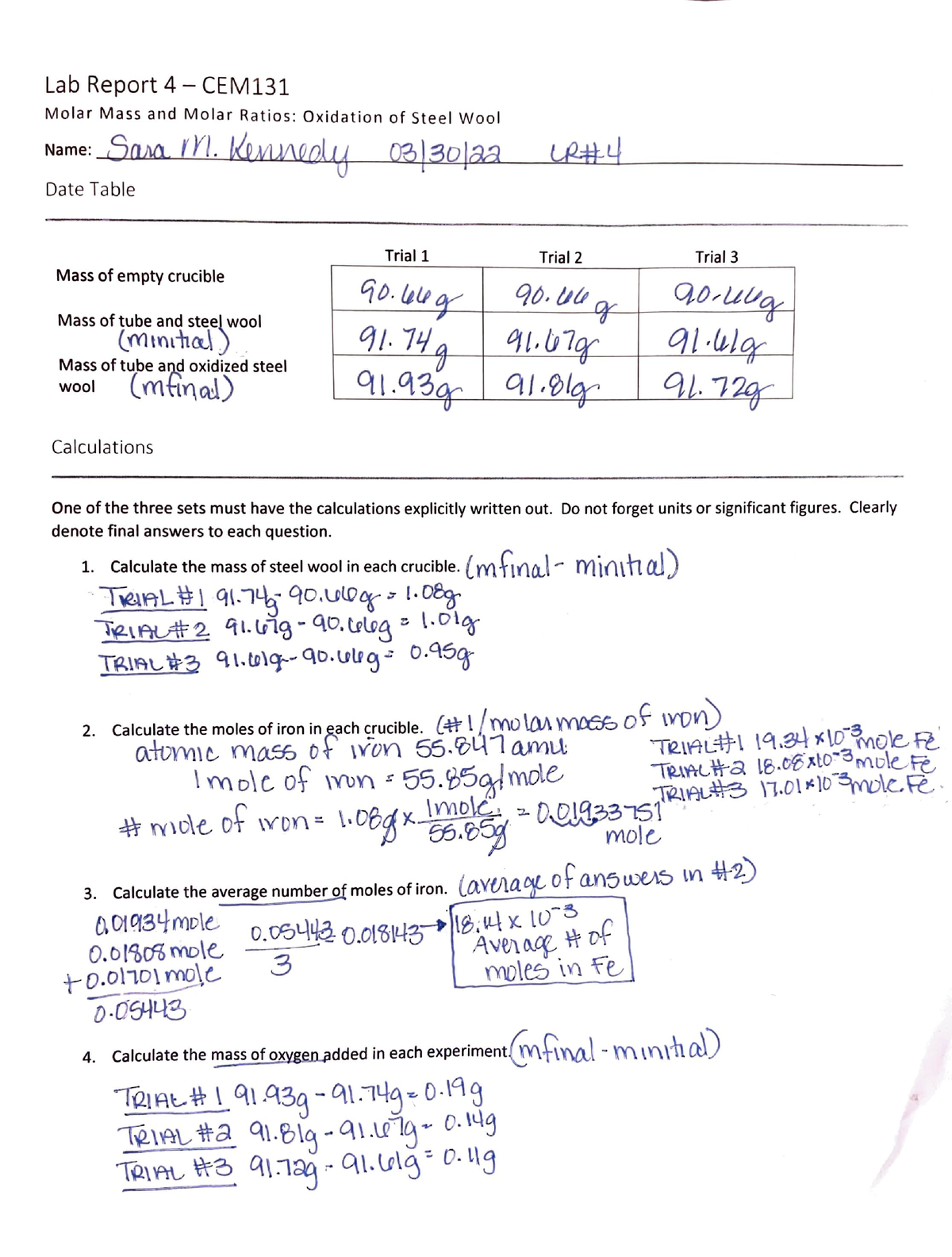 LR #4 Molar Mass and Molar Ratios - Lab Report 4 - CEM Molar Mass and ...