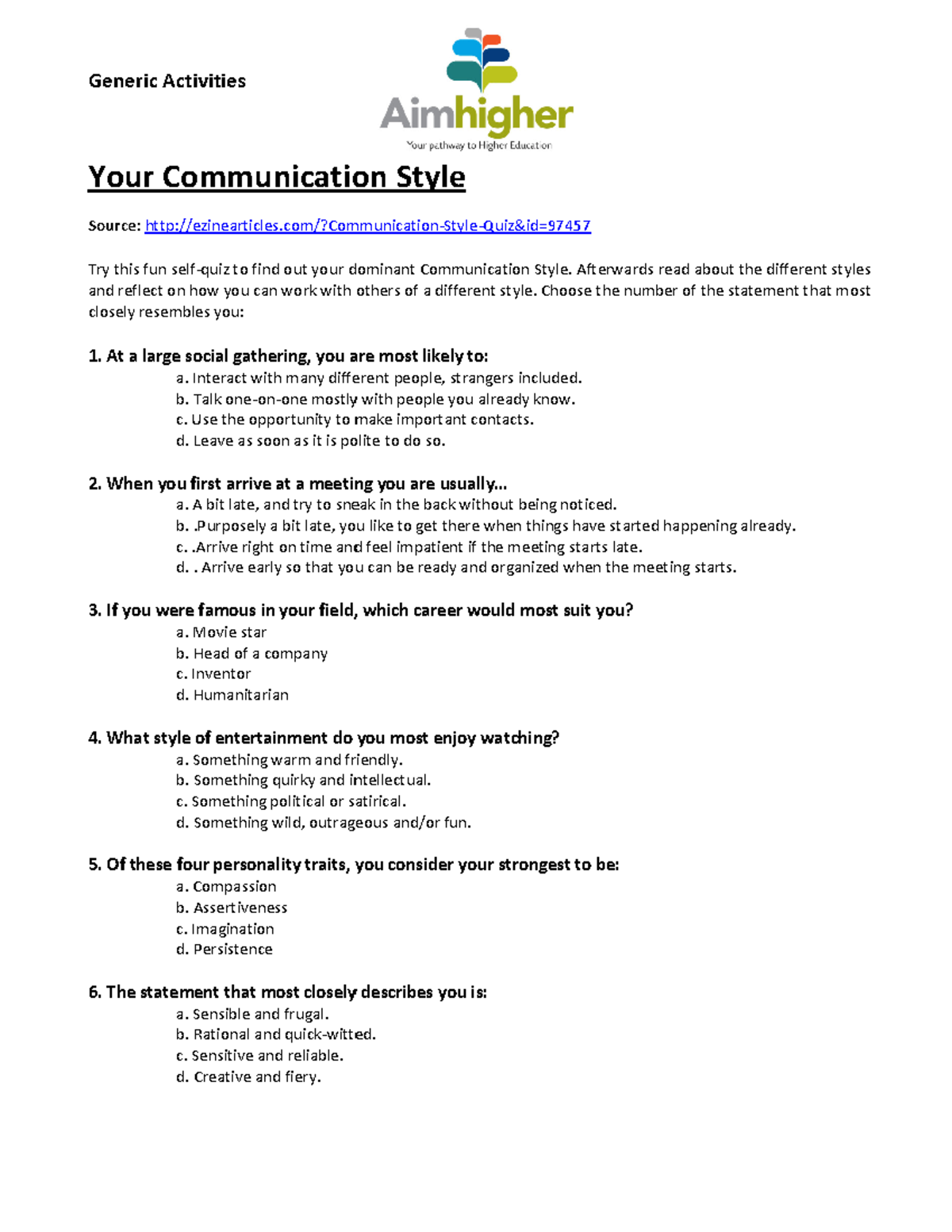 Mentoring communication styles quiz - Generic Activities Your ...