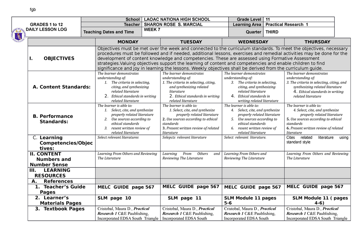 Research WEEk 7 - DLL week 7 - fgb GRADES 1 to 12 DAILY LESSON LOG ...