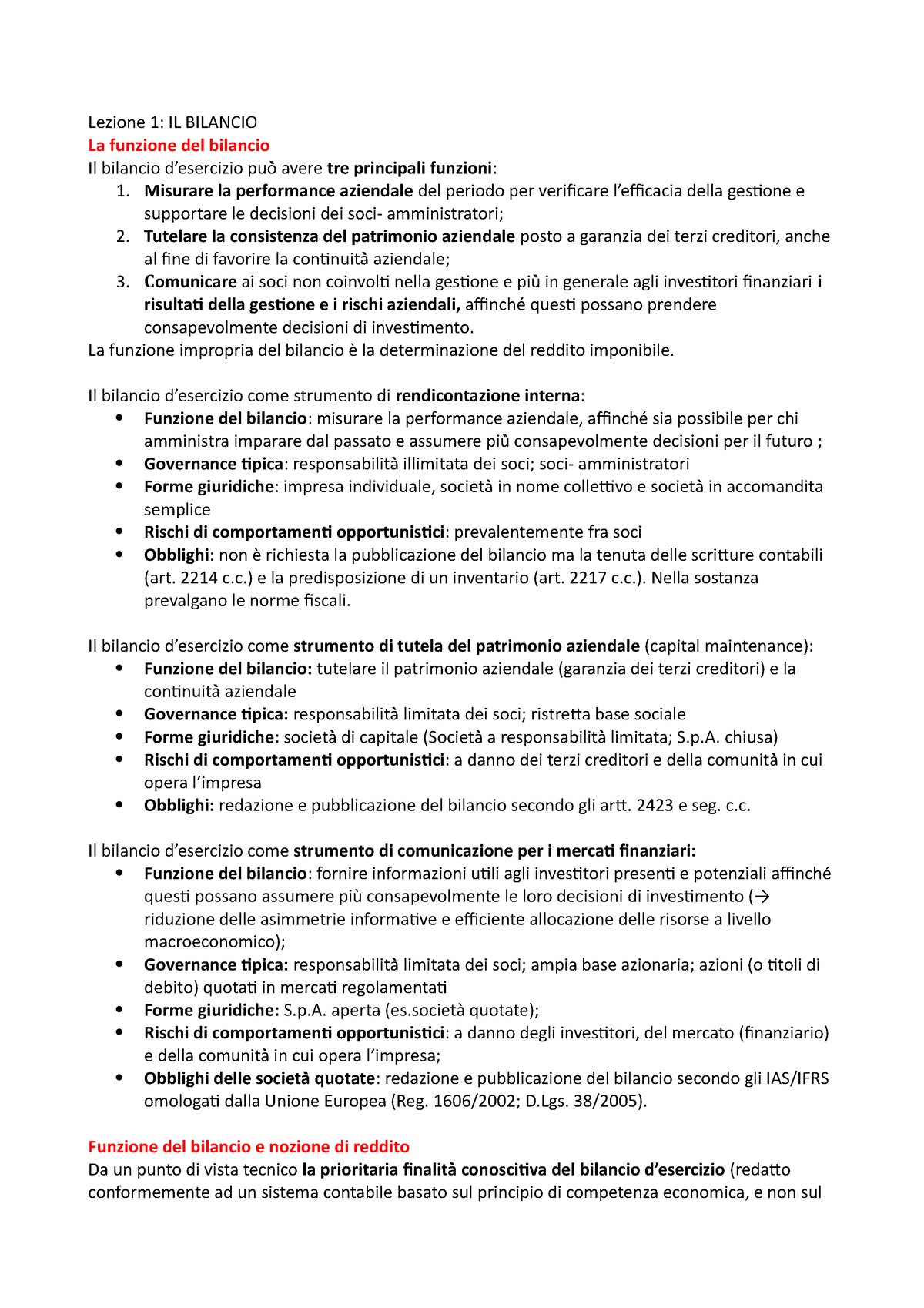 1 Bilancio Revisione Riassunto Lezione 1 Il Bilancio La Funzione Del Bilancio Il Bilancio 9892