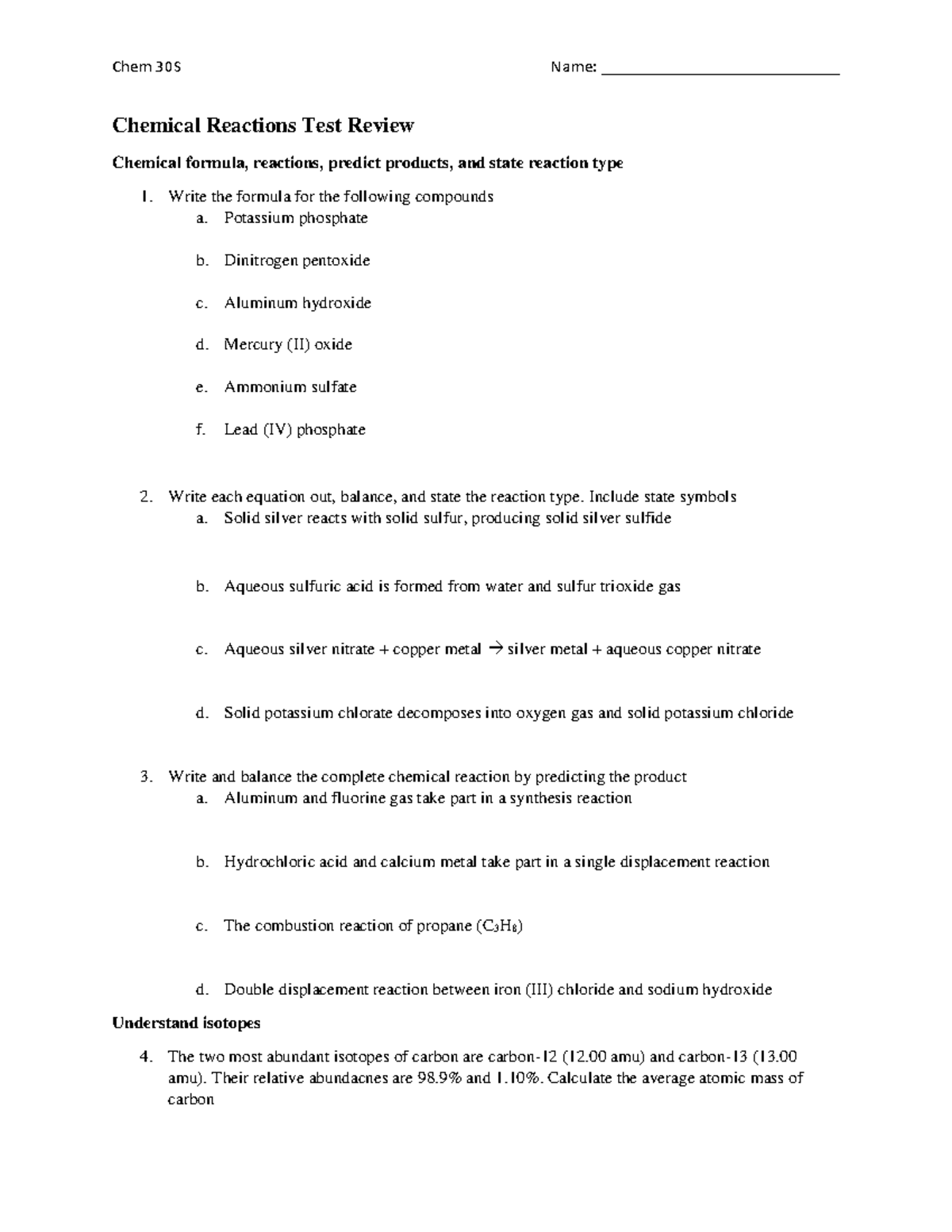 Chemical Reactions Test Review - Chemical Reactions Test Review ...
