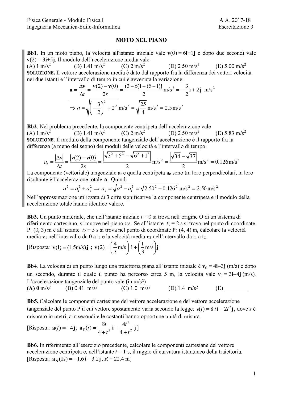 81783-Esercitazione 3(2017-18) - Fisica Generale - Modulo Fisica I A ...