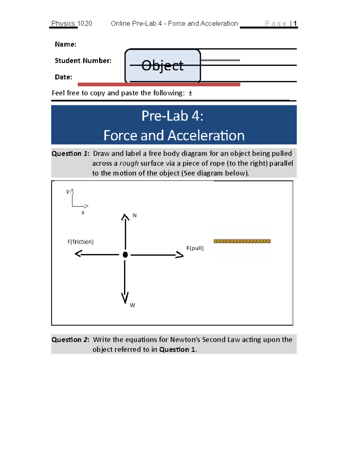 Physics 1020 Experiment 4 Prelab - Object Physics 1020 Online Pre-Lab 4 ...