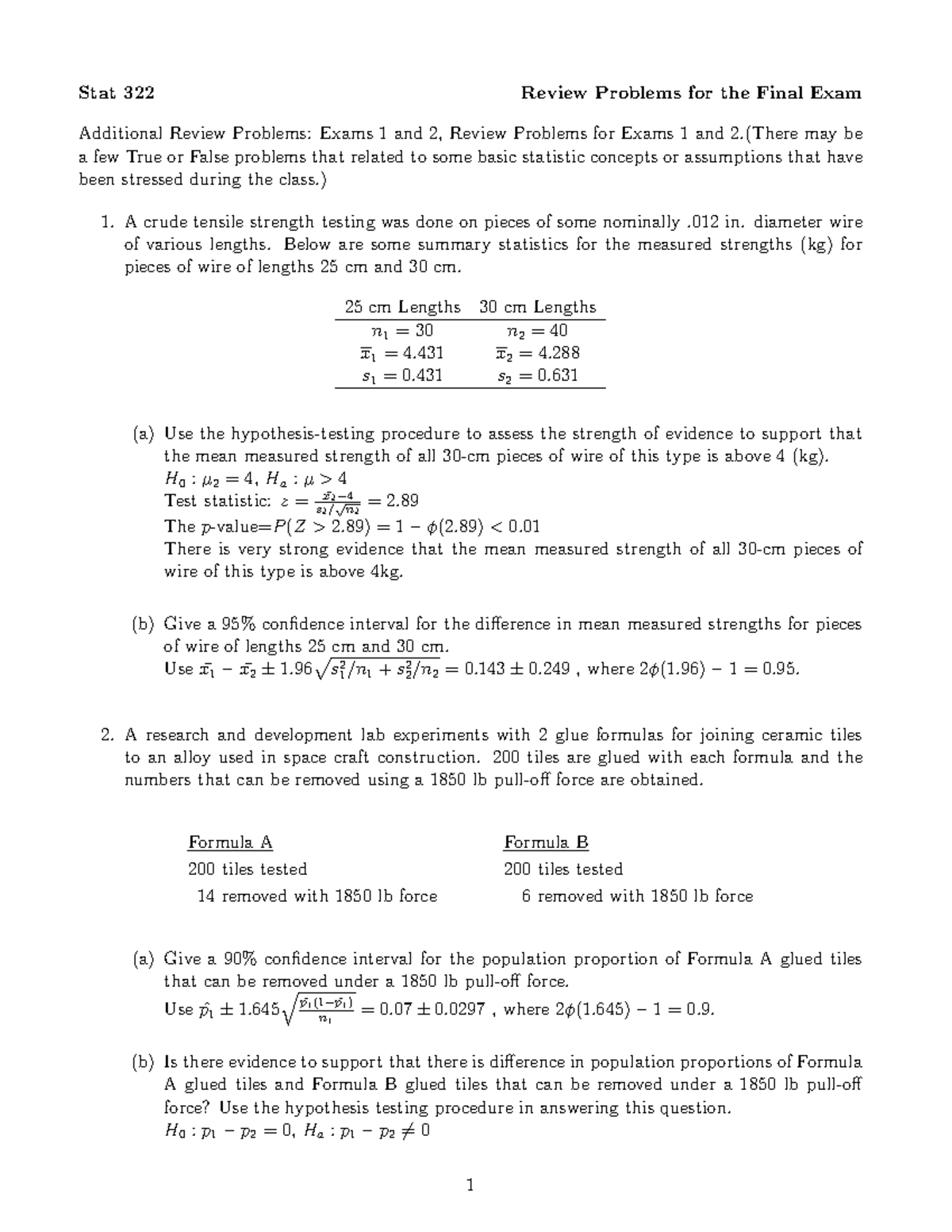 Practice Final Solutions - Stat 322 Review Problems For The Final Exam 