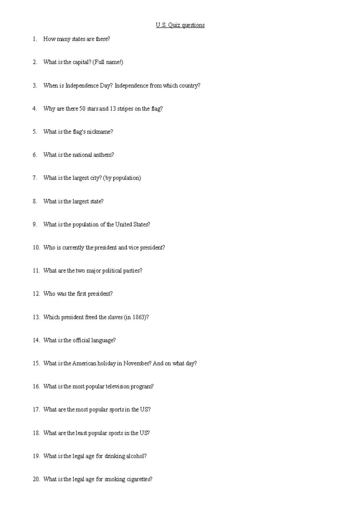 US Quiz Questions - Preguntas sobre america para preparar examenes - U ...