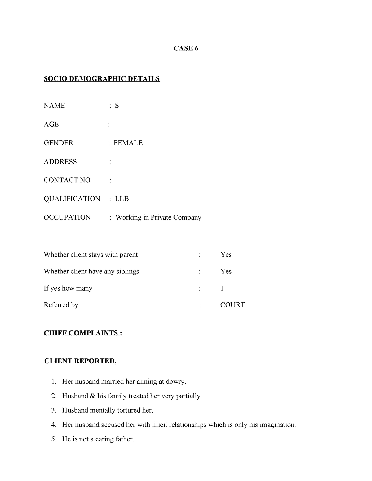 counselling internship case study