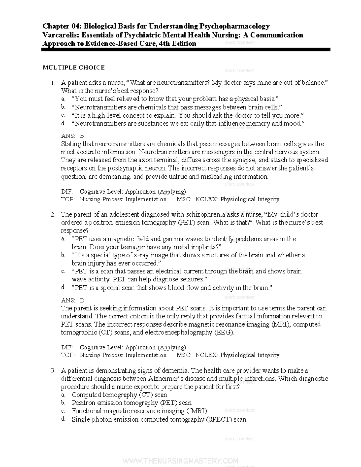 Chapter 4 Nursing Test Bank - Chapter 04: Biological Basis For ...