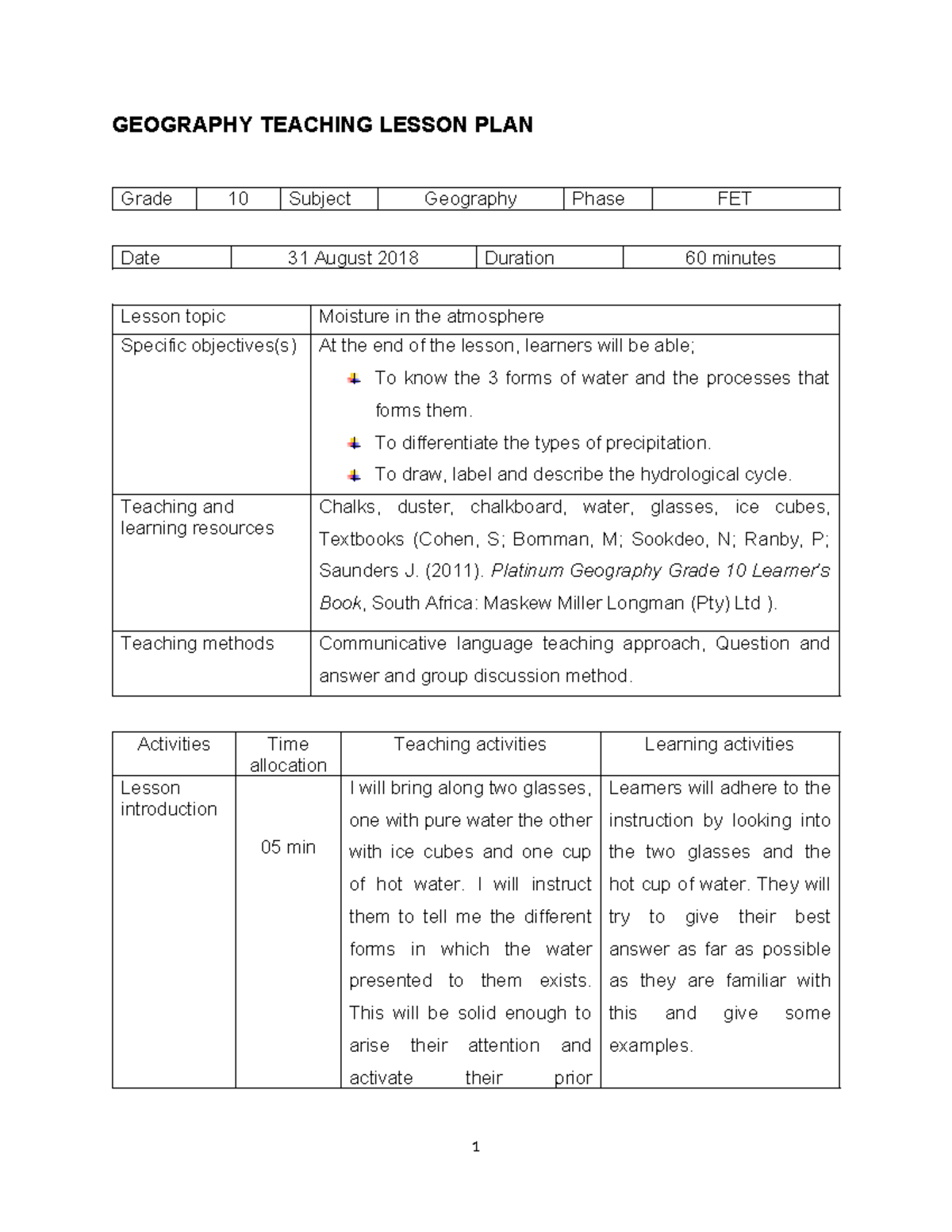 HMGA Assignment (L - NOTESNOTES - GEOGRAPHY TEACHING LESSON PLAN Grade ...