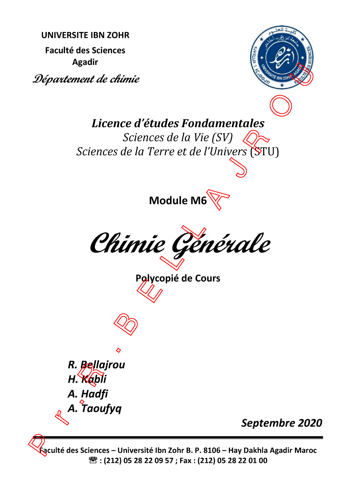 Cours Chimie Générale - UNIVERSITE IBN ZOHR Faculté Des Sciences Agadir ...