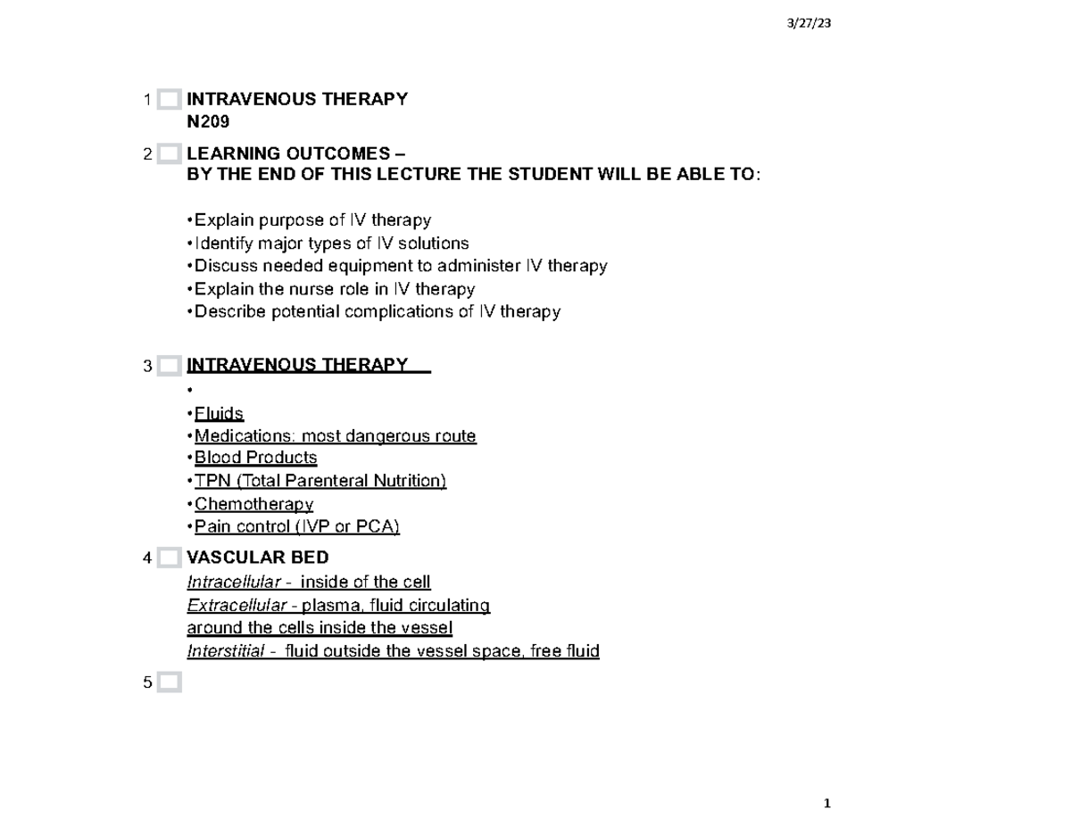 IV Therapy - 3/27/ 1 INTRAVENOUS THERAPY N LEARNING OUTCOMES – BY THE ...