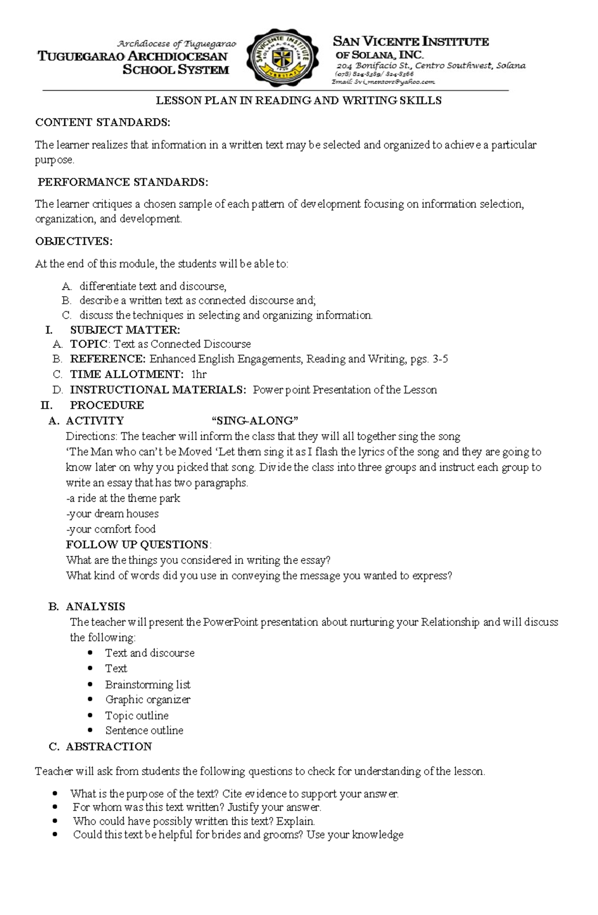 TEXT AS Connected Discourse - LESSON PLAN IN READING AND WRITING SKILLS ...