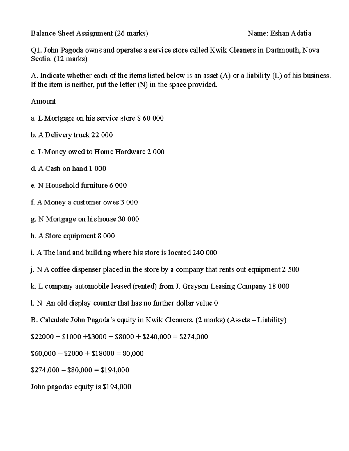 BBI Balance Sheet Assignment - Balance Sheet Assignment (26 marks) Name ...