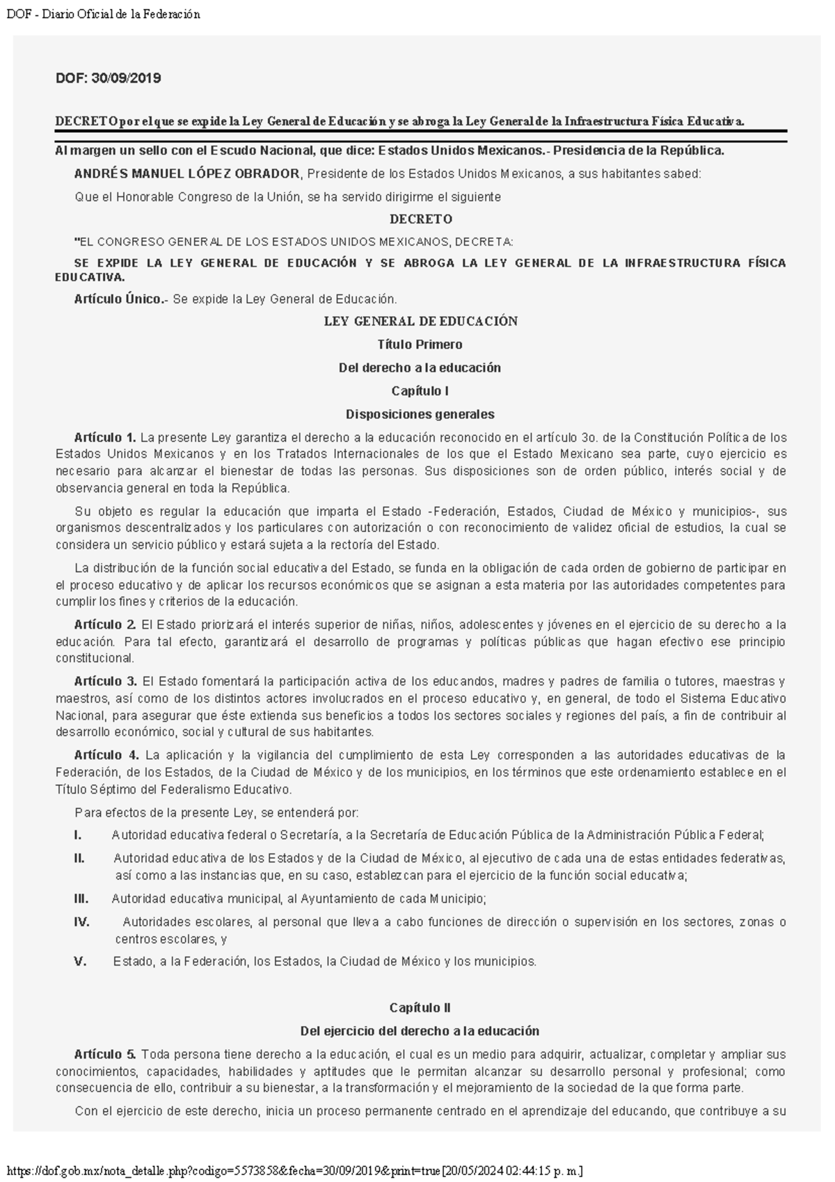 LEY General DE Educacion - DOF: 30/09/ DECRETO por el que se expide la ...