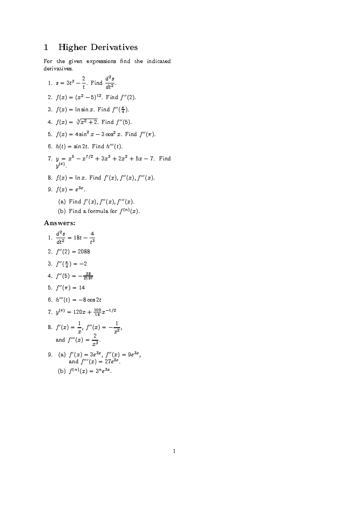 4 Higher Order Derivatives w Solution - 1 Higher Derivatives For the ...