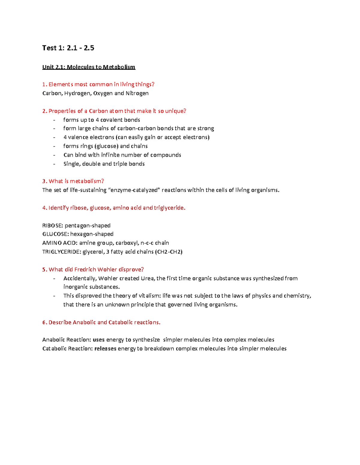 IB Biology Test Study Guide Topic 2 Test 1 2 2. Unit 2 Molecules