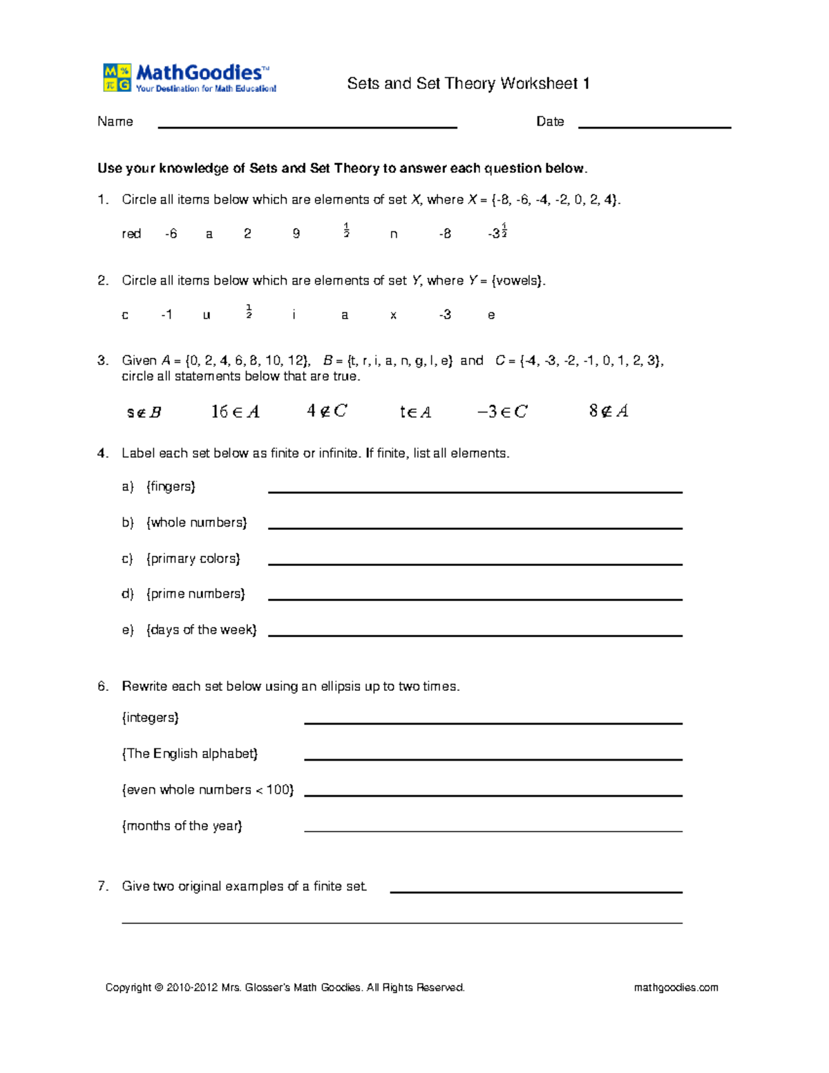 Unit15 wks1 - Sets and Set Theory Worksheet 1 Name Date Use your ...