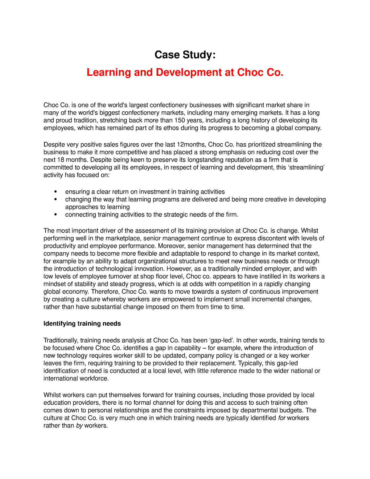 case study learning and development at choc co