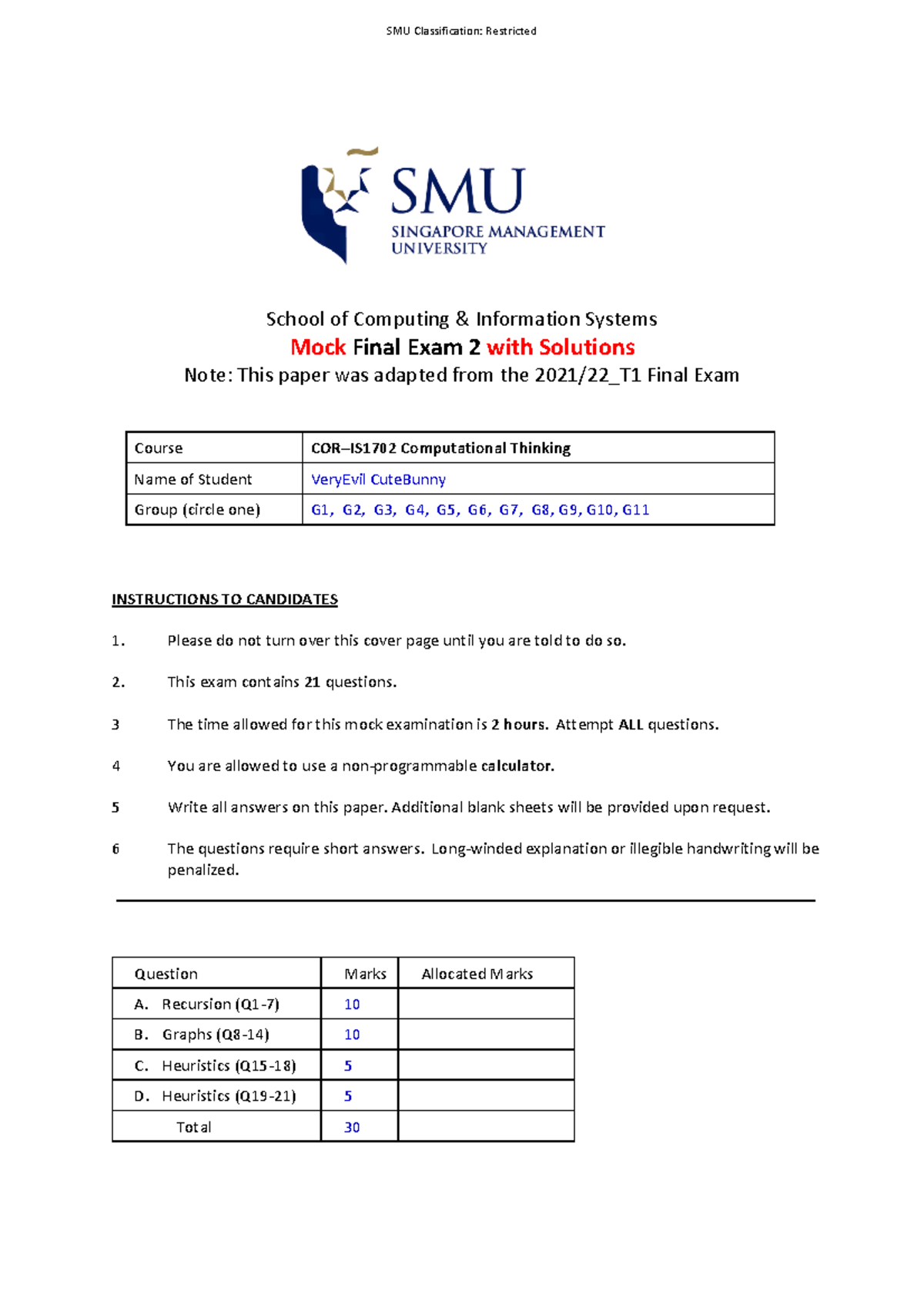 Mock Final Exam 2 with Detailed Solutions (2021 22 T1) - School of ...