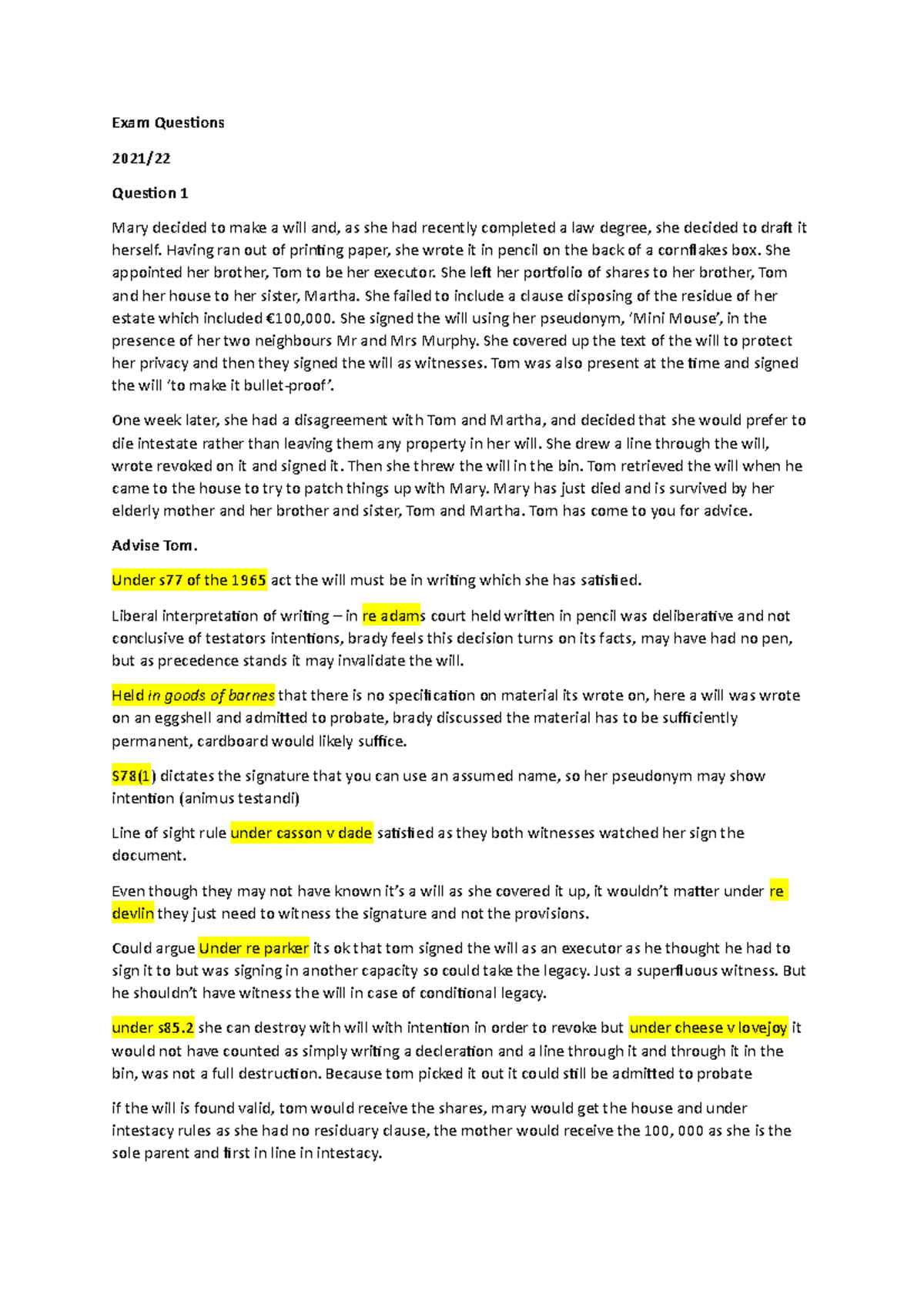 Succession exam q1's - Exam Questions 2021/ Question 1 Mary decided to ...
