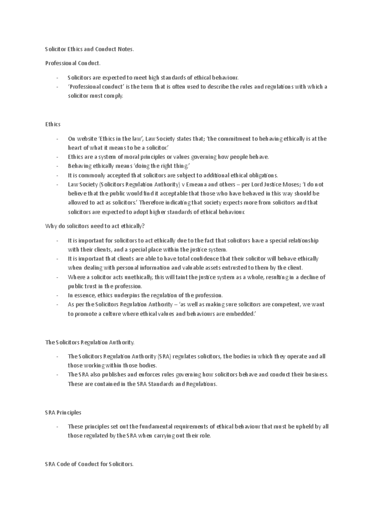 Ethics, Professional Conduct and SRA Solicitor Ethics and Conduct