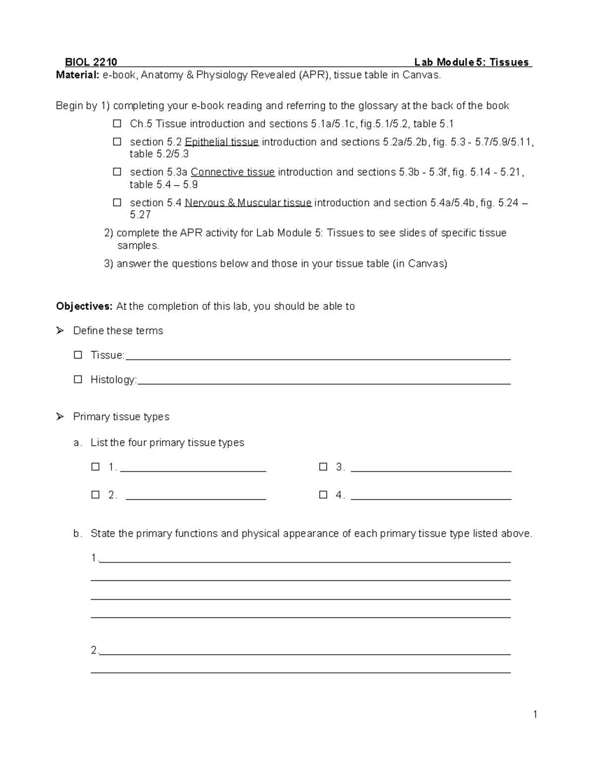 Lab 5 Histology (Instructions) - BIOL 2 210 Lab Module 5: Tissues ...