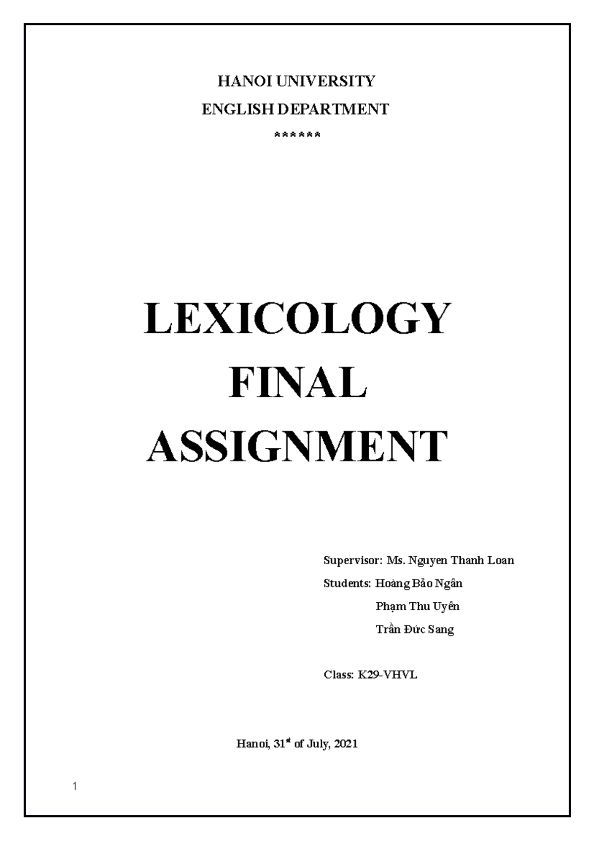 Lexicology Final Assignment - Từ Vựng Học - Studocu